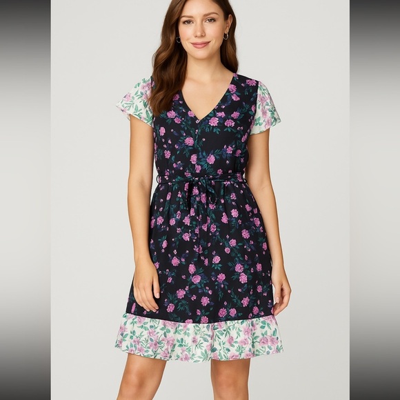 Betsey Johnson Floral Belted A-Line Dress Blue Pink Size 4 NWT V-Neck Party - Picture 1 of 14